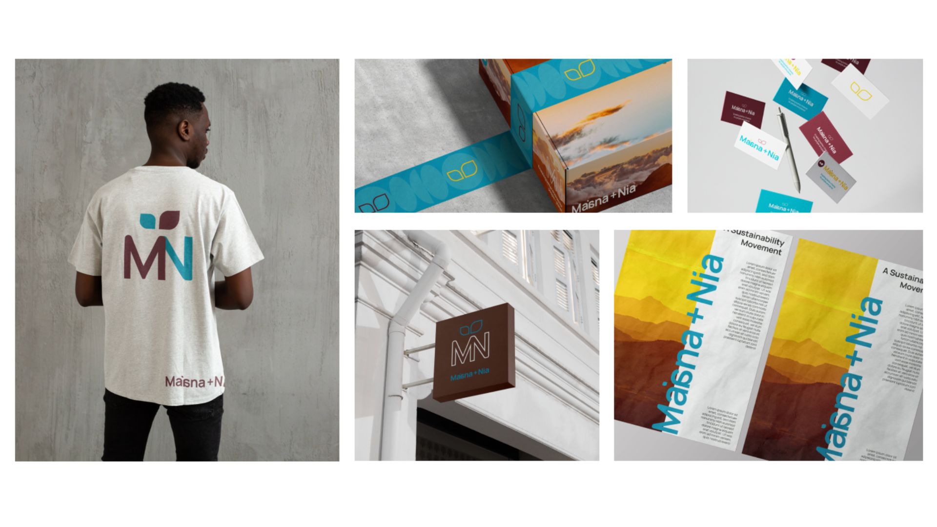 Maana + Nia logo on the back of t-shirt worn by a young, Black man, on packaging, signage, and business cards
