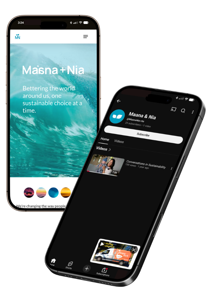 Two iPhones displaying Maana + Nia website and YouTube channel