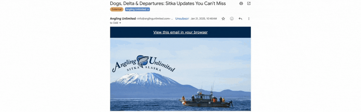 Animation scrolling down Angling Unlimited newsletter