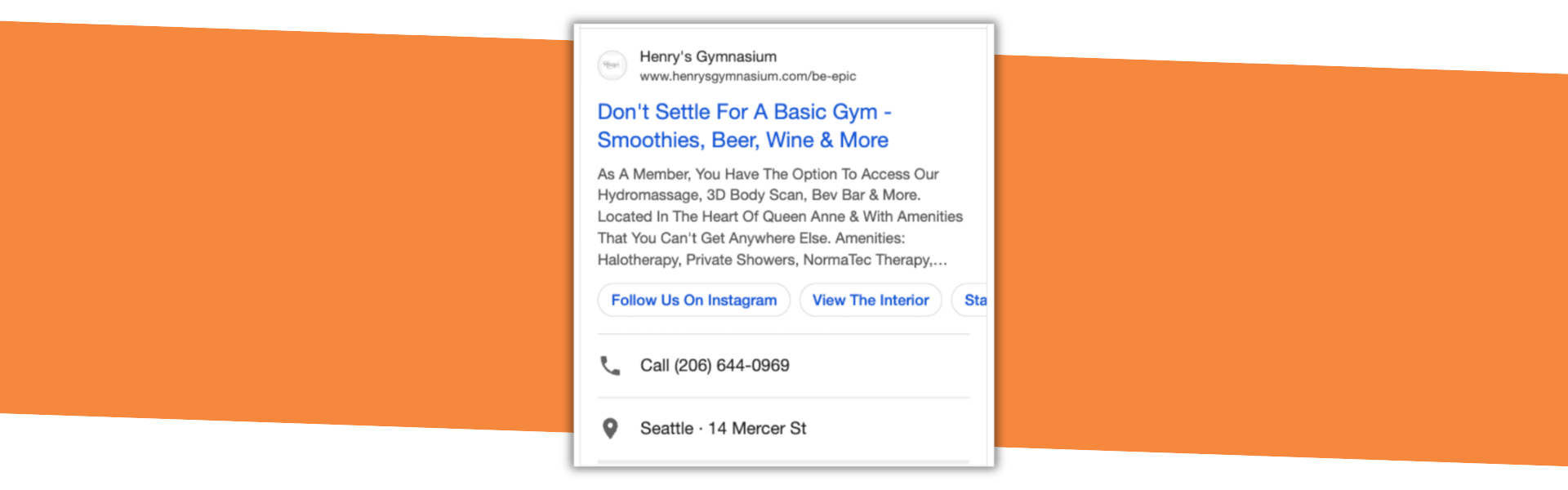 Screenshot of Henry's Google Search ad on mobile with orange slash background