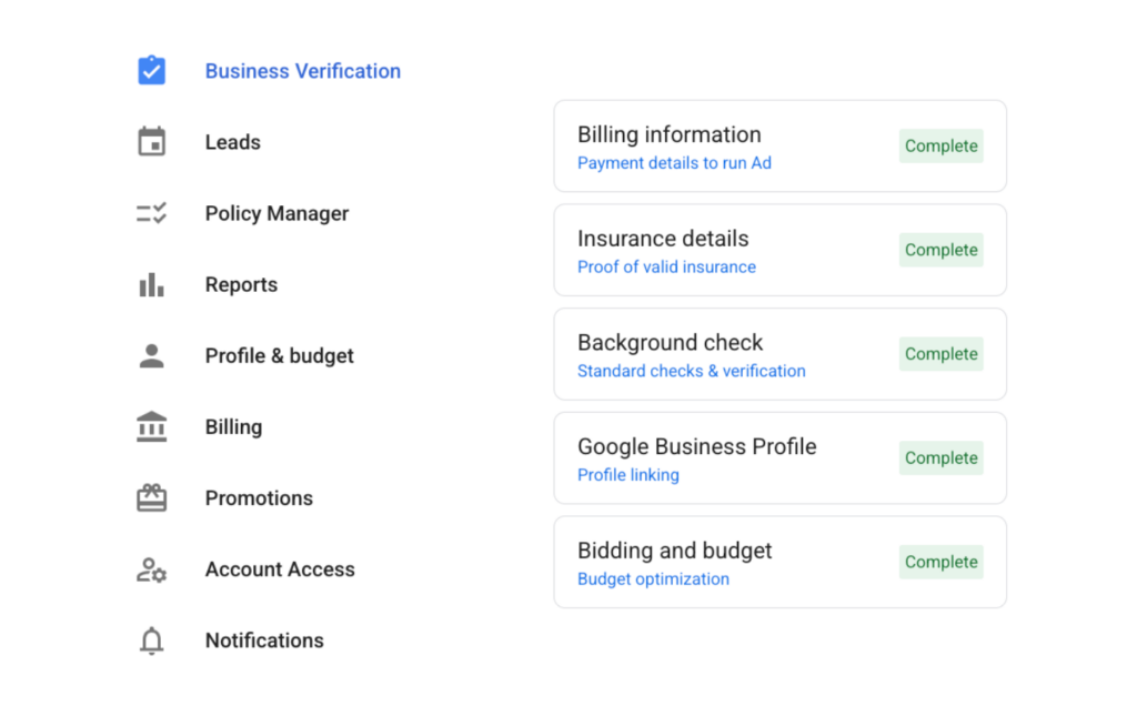 A dashboard with a left sidebar menu including options like Leads, Policy Manager, and Reports. The main section displays business verification tasks for local services ads, all marked Complete.