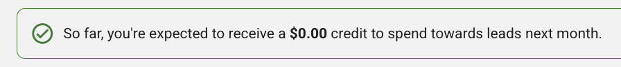 A notification message with a green checkmark states: So far, you’re expected to receive a $0.00 credit to spend towards local services ads leads next month.