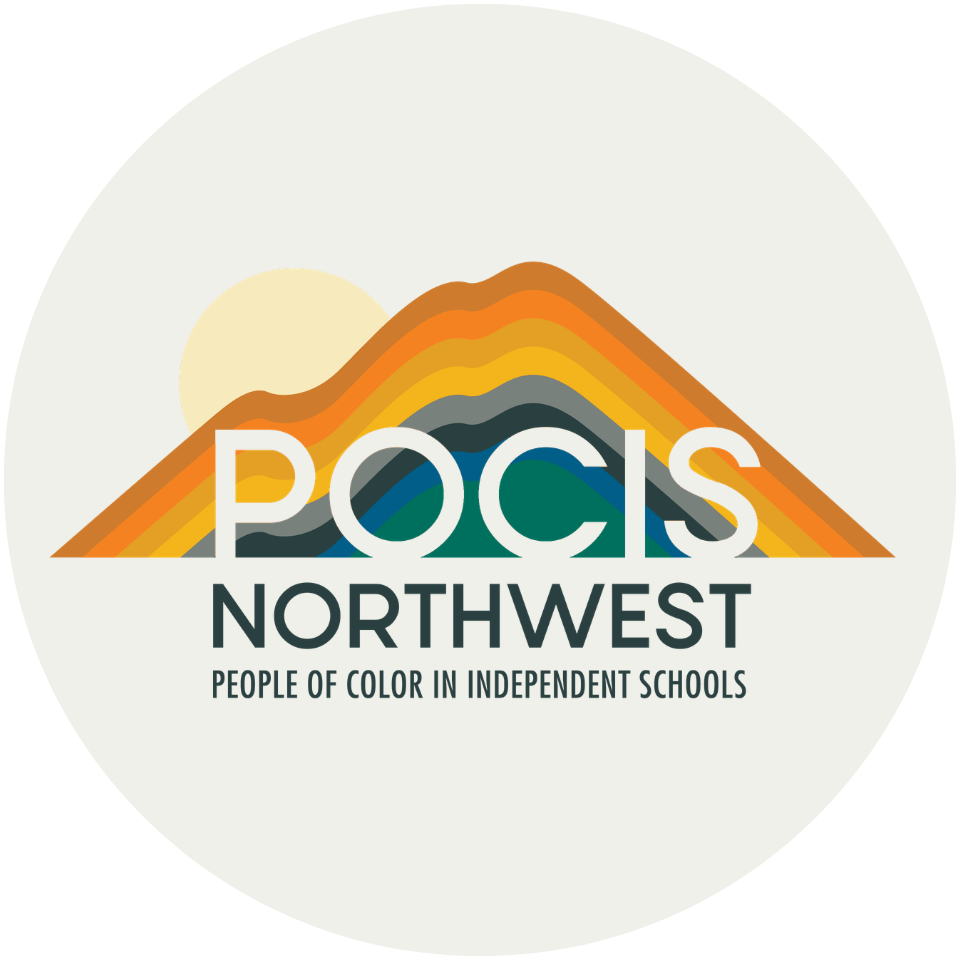 Learn about the logo for POCIS Northwest, featuring a stylized, multicolored mountain and sun with the text POCIS Northwest: People of Color in Independent Schools below the image.