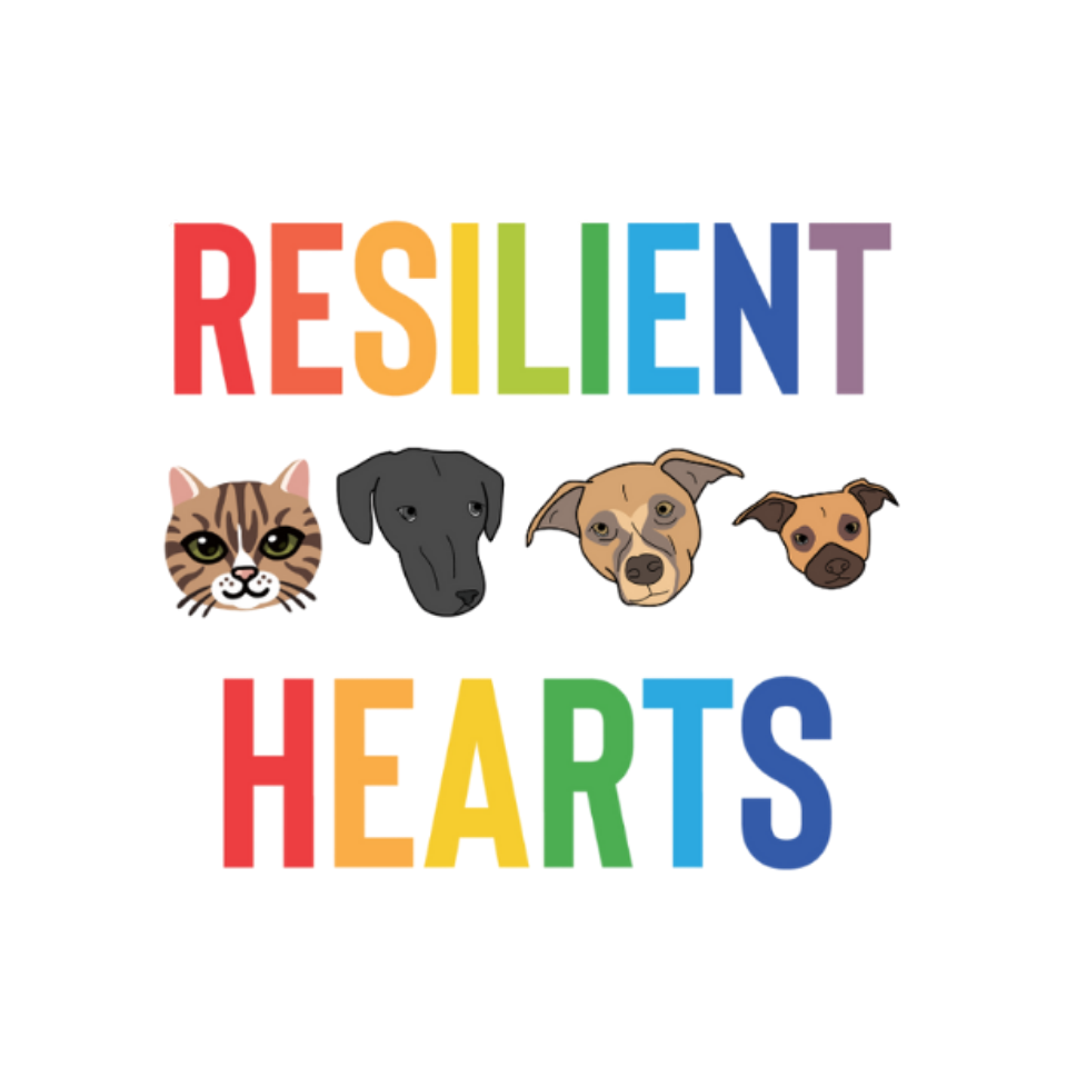 Text reading “Resilient Hearts” in rainbow colors, with a cartoon cat and three cartoon dog faces between the words, all about celebrating love and strength. The design is set on a white circular background.