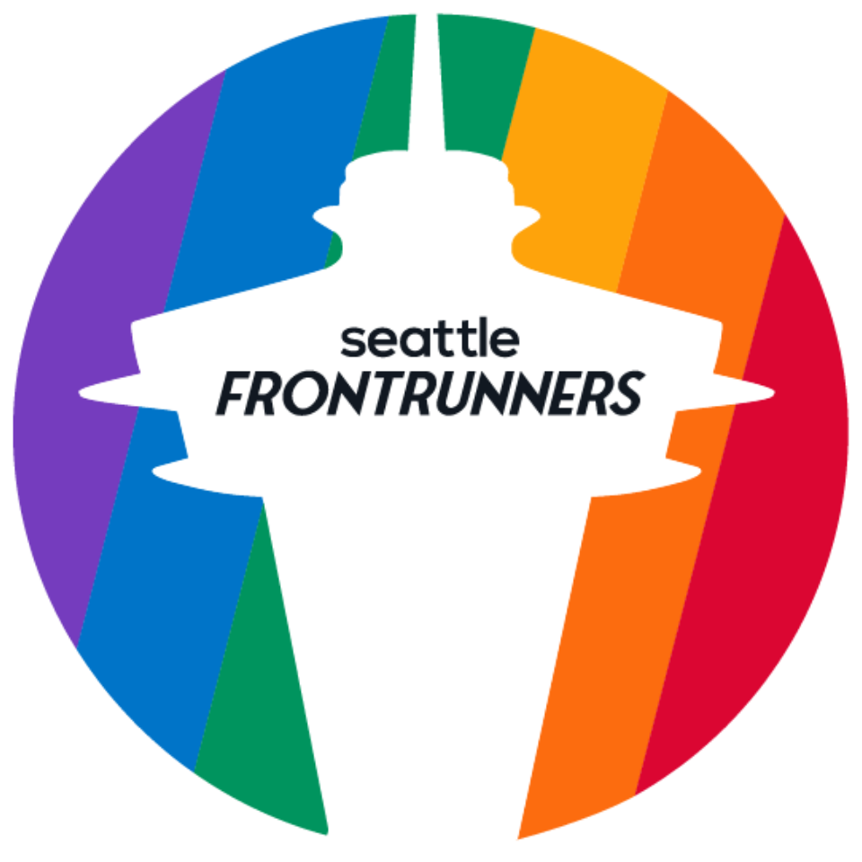 A white silhouette of the Seattle Space Needle overlays rainbow stripes in a circle, with the words seattle FRONTRUNNERS in black text across the center, reflecting what this group is about.