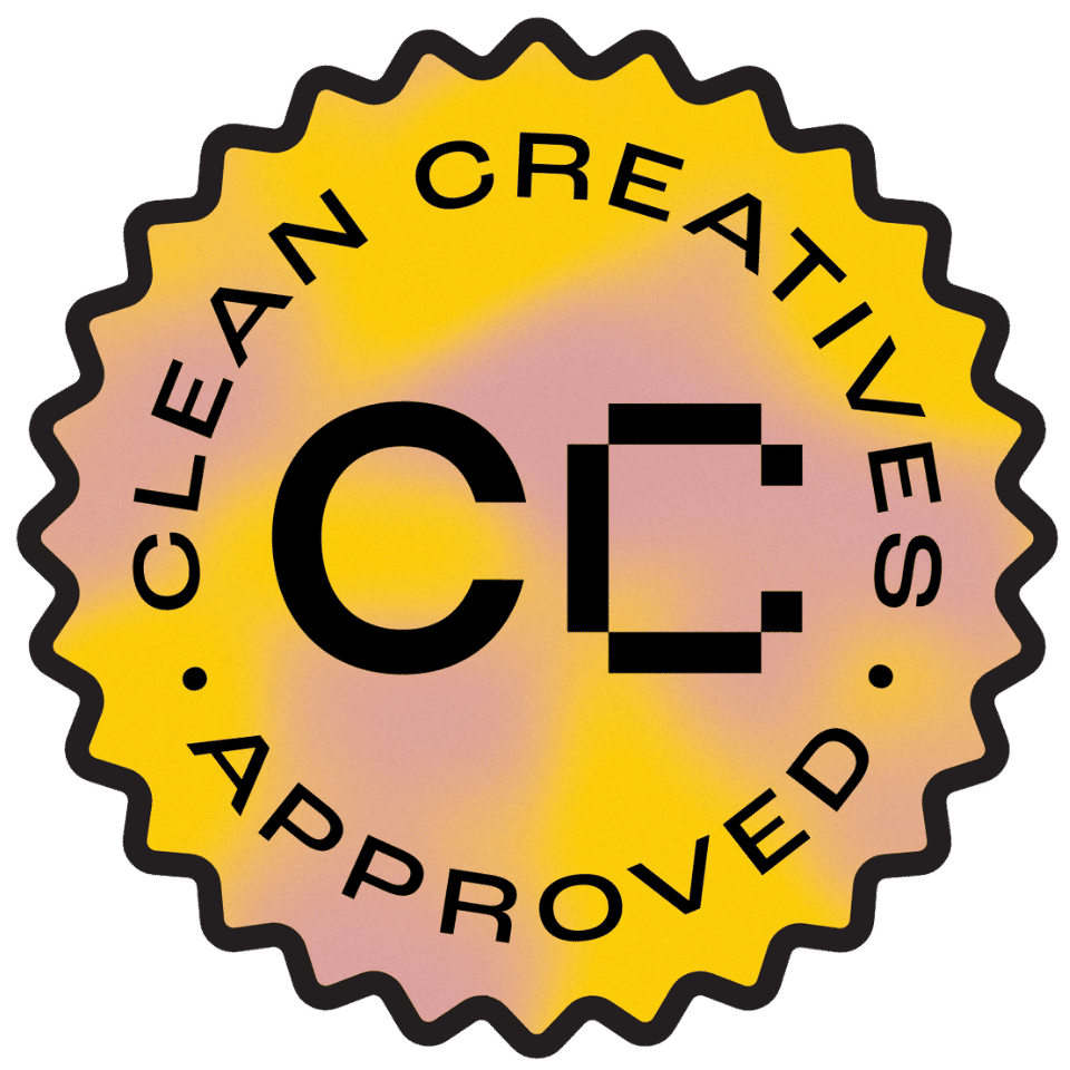 A yellow and pink badge with black text reads CLEAN CREATIVES APPROVED in a circle around a bold CC logo in the center, offering a vibrant visual cue about creative integrity.