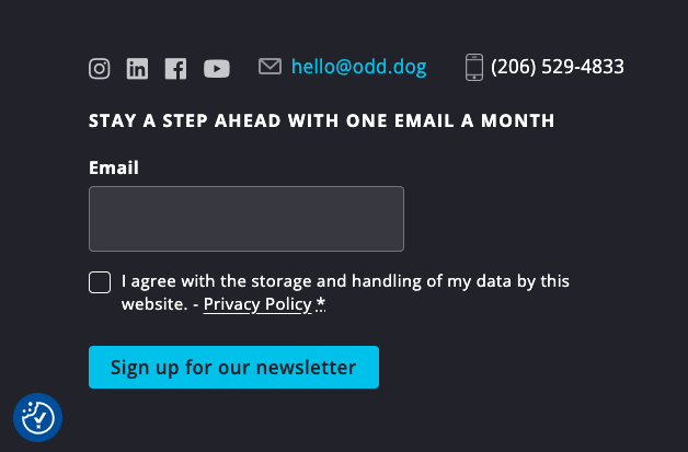 A dark newsletter sign-up form with fields for email, a privacy policy checkbox, and a blue Sign up for our newsletter button. Contact info and social media icons are shown at the top.