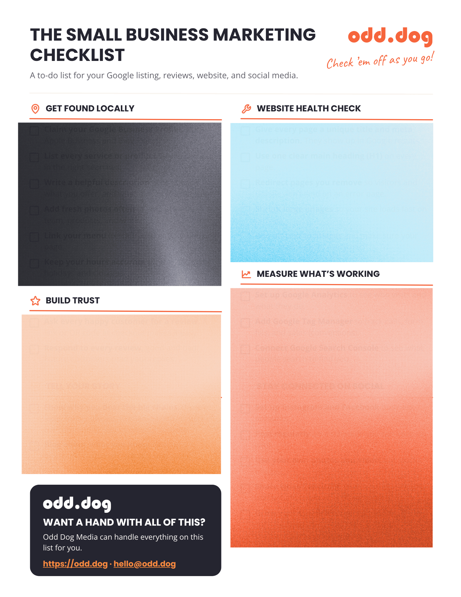 SMB Checklist - Odd Dog The Small Business Marketing Checklist by odd.dog, featuring sections for getting found locally, website health, building trust, and measuring results.