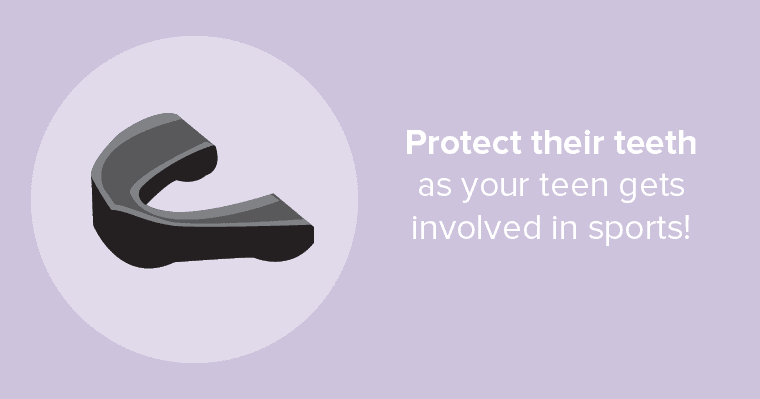 Graphic of a sports mouth guard that reads "protect their teeth as your teen gets involved in sports"
