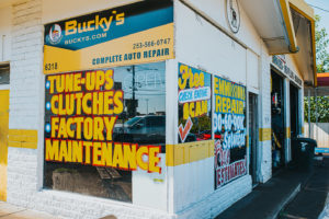 signage and windows at Bucky's Tacoma Narrows Auto repair location