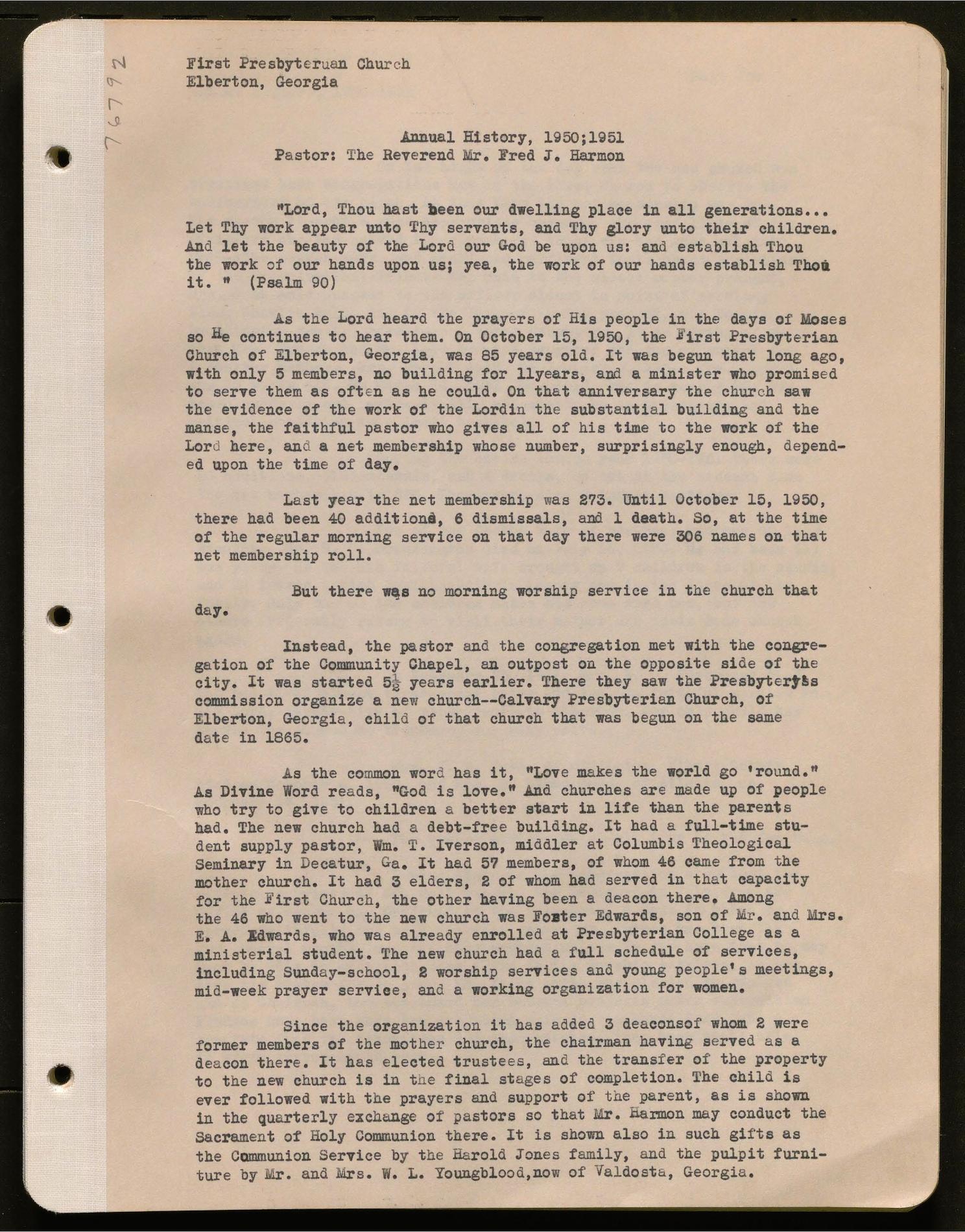 This history includes the years 1940, 1943-1959. It also includes a summary of the years 1865-1940 (part of the 1940 history). Items with this history include postcards of the first and second church buildings, photographs of pastors and their family members, deacons, elders, members of the annual synod meetings (1932 and 1939), other church members, and church events.