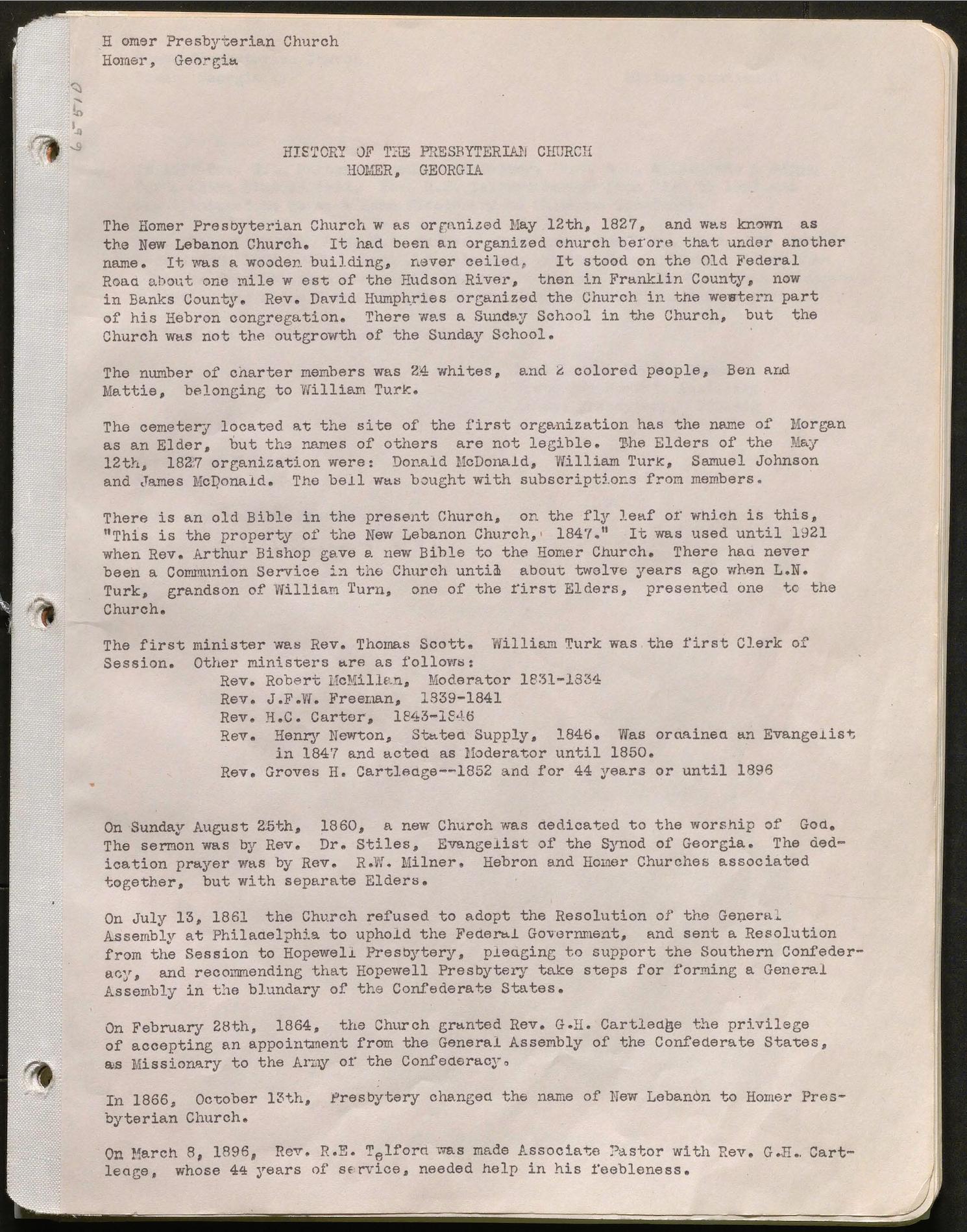 This history includes the years 1935, 1952-1954, 1956-1960. This history also consists of a list of charter members which include lists of white and &quot;colored&quot; members, other lists of membership and baptisms (1827-1860), church rolls, and a summary of the years 1827-1935 (part of the 1935 history). Other items include a history and the rules for government of the New Lebanon Sunday School, photographs of deacons William Harvey Turk, Joseph Columbus Turk, and Josiah Harvey Turk, and a biography of Colonel William Turk and other members of the Turk family.