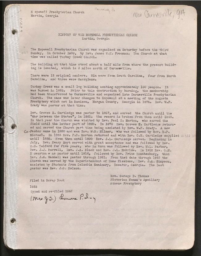 This history includes the years 1939, 1948, 1954-1956, and undated. It also includes a summary of the years 1839-1939 (part of the 1939 history) and family histories of the Calhoun-Miller family.