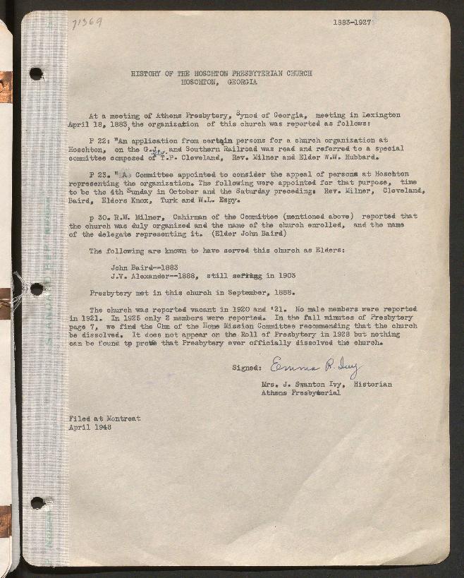 This history includes a 1948 history submitted by the Historian of the Athens Presbytery WOC. It includes a summary of the years 1883-1927.
