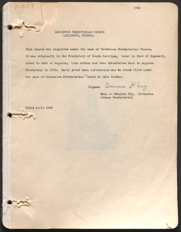 This history includes a history written in 1939 and an historical note from the presbytery dated 1948. The 1939 document describes the church&#039;s history from its founding. A printed photograph of the building is included with the other documents.