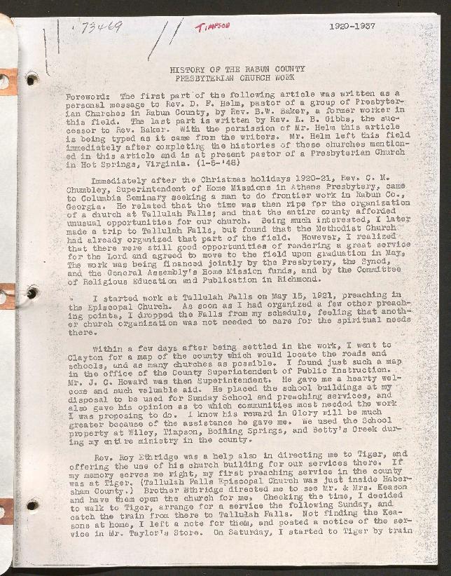 The history includes photographs of the Tiger and Plum Orchard Bible Schools (1938-1939), Scott&#039;s Creek Church (1940), the Timpson Creek Christmas Program Group (1938), and the Wiley Congregation (undated).
