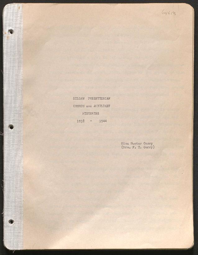 This history includes the years 1937, 1938, 1944, 1994. It also includes a summary of the years 1903-1937 (part of the 1937 history), a summary of the years 1901-1938 (part of the 1938 history), a summary of the years 1938-1944 (part of the 1944 history), and a summary of the years 1944-1994 (part of the 1994 history). It also includes a photograph of Siloam Presbyterian Church.