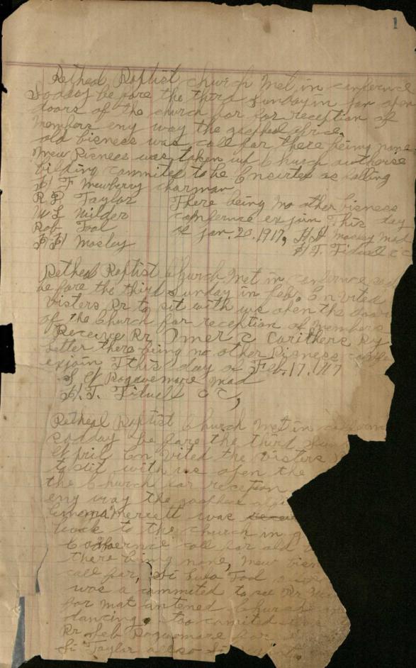 Record book that includes meeting minutes, money collection, and membership records for Bethel Baptist Church in Wilkinson County, 1917-1923.