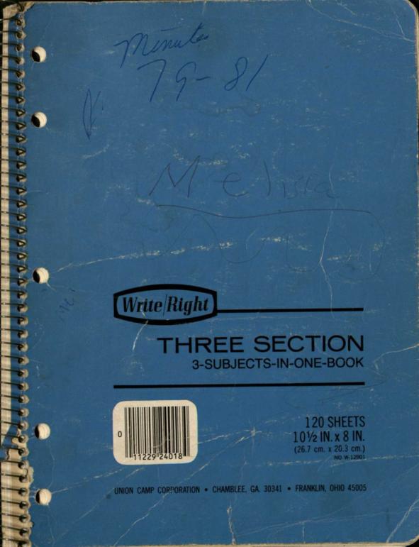 Record book that includes meeting minutes for Bethlehem Primitive Baptist Church in Cook County, 1979-1981.