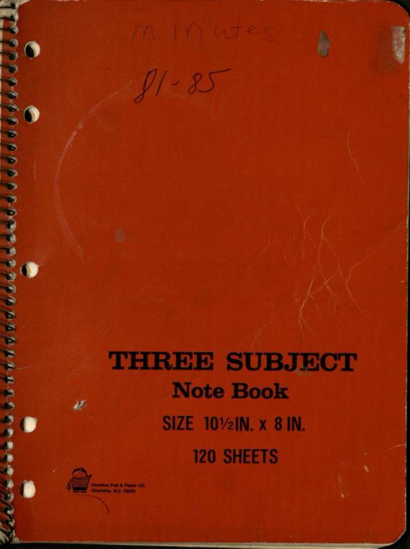 Record book that includes meeting minutes for Bethlehem Primitive Baptist Church in Cook County, 1981-1985.