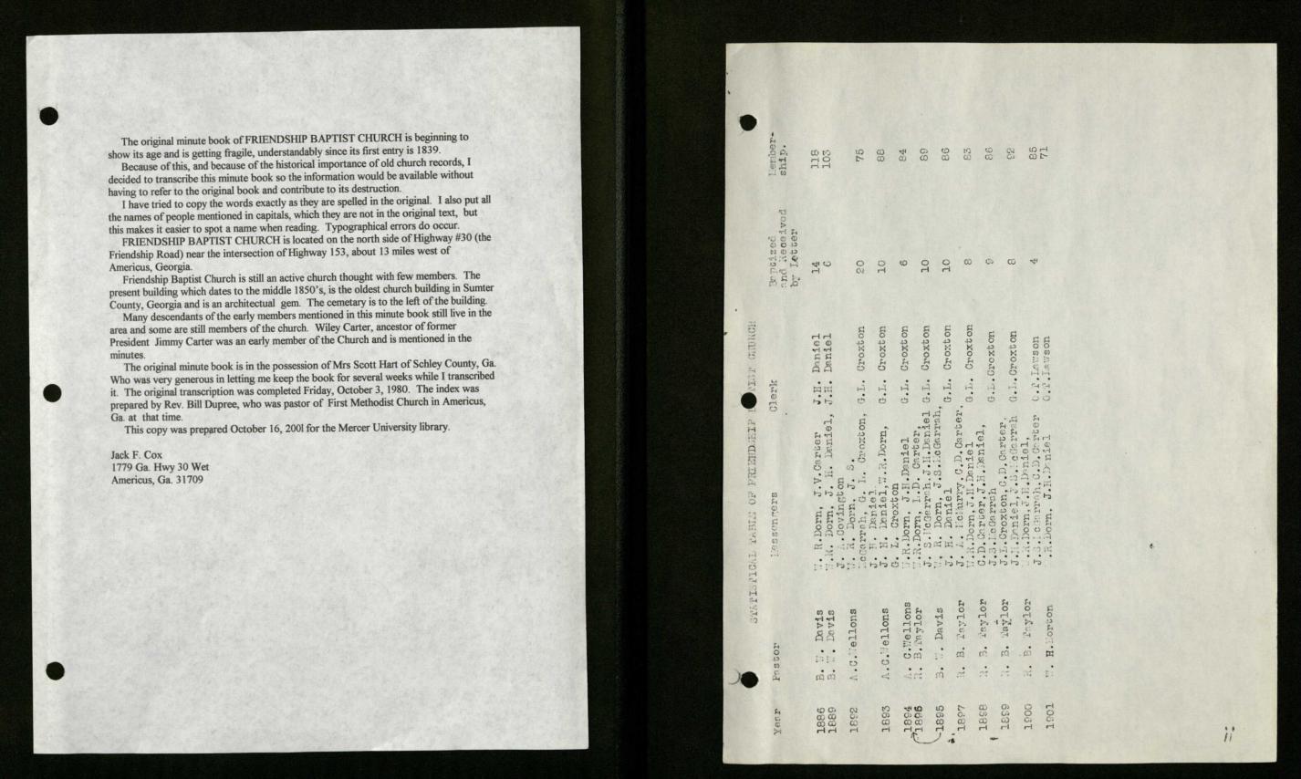 Record book that includes meeting minutes for Friendship Baptist Church in Sumter County, 1839-1872.