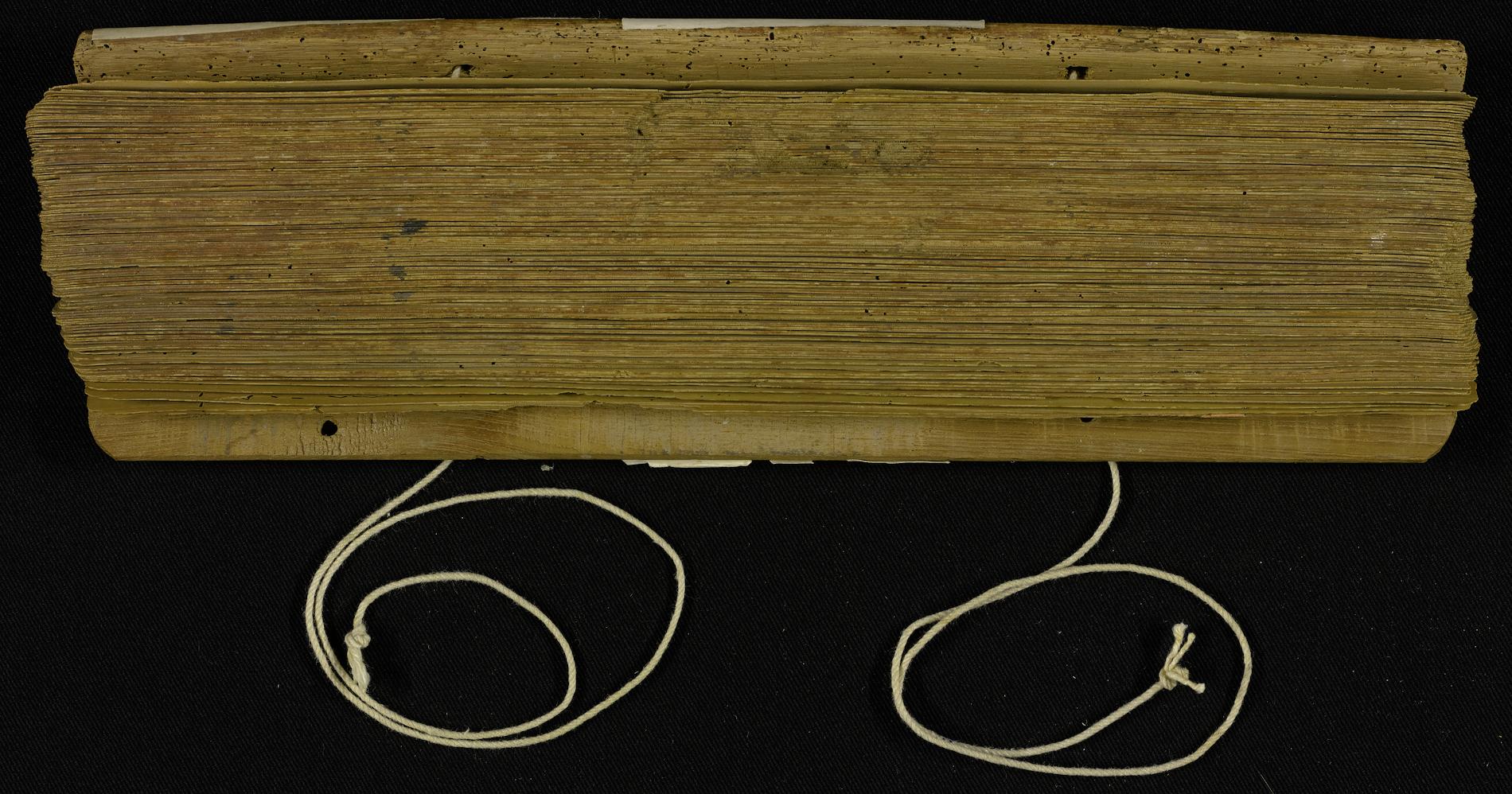 This work was written on a palm-leaf manuscript (dried palm leaves were used as a medium for writing in South Asia). There is a total of 143 palm leaves in the manuscript. Each leaf is roughly 35mm x 430mm and is inscribed on both sides. There are also two holes in each leaf and the leaves are bound together with a cord running through the two holes and the whole manuscript is encased with wooden ends. Rounded scripts (such as Telugu) were used on palm-leaf manuscripts because angular letters split the leaves.