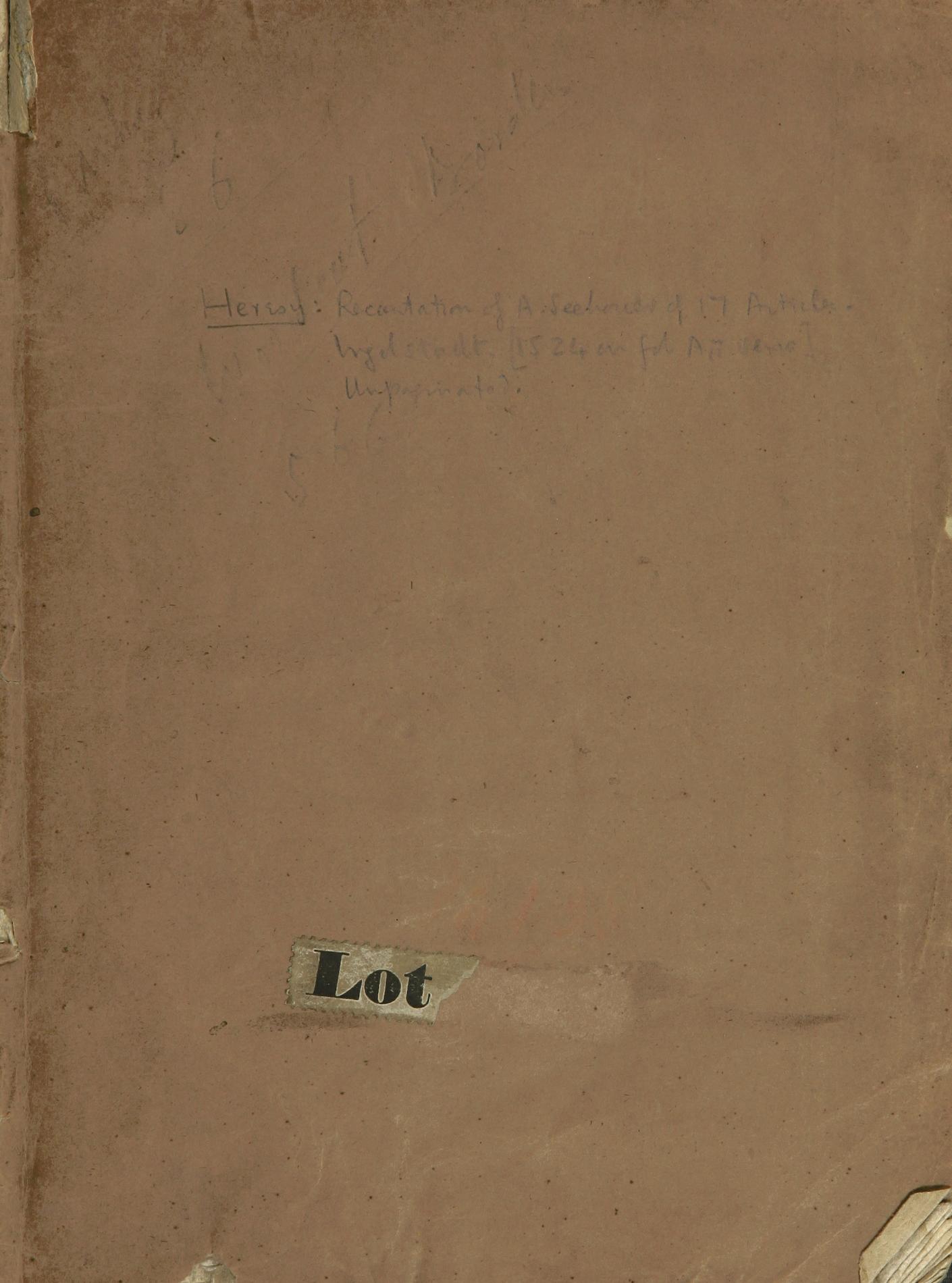 Summary: A. Seehofer had been a student of Melanchthon. He taught at Ingolstadt until the authorities became cognizant of his heretical Protestant views. His books and papers were seized and he was forced to recant. This pamphlet includes his heretical theses as well as the refutations by L. Marstaller and N. Apell, both members of the university faculty. A German note at the end of the pamphlet warns against the spreading of false rumors and lies about these matters.