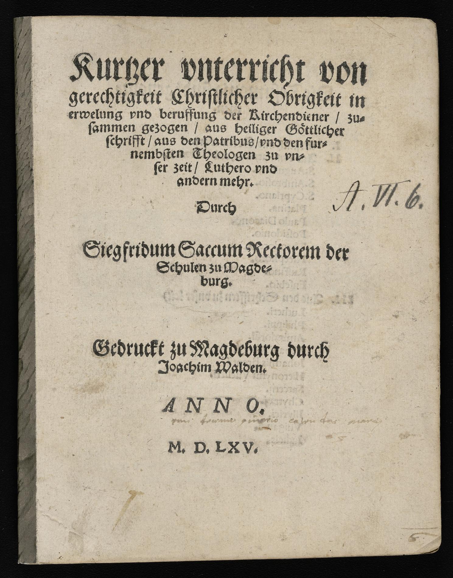 Summary: Formal opinion of Siegfried Saccus, schoolmaster at Magdeburg and later its first Lutheran cathedral preacher, concerning the right of the city government to appoint clergy. As a follower of the strict Lutheran Nicholas von Amsdorff, he steered a careful path between the views of the local Catholic hierarchy on the one hand, and those of the Münster Anabaptists, on the other. Although Magdeburg became a refuge of the strict Lutheran party following the Schmalkald War, the city council was late in making an official decision for or against the Reformation.