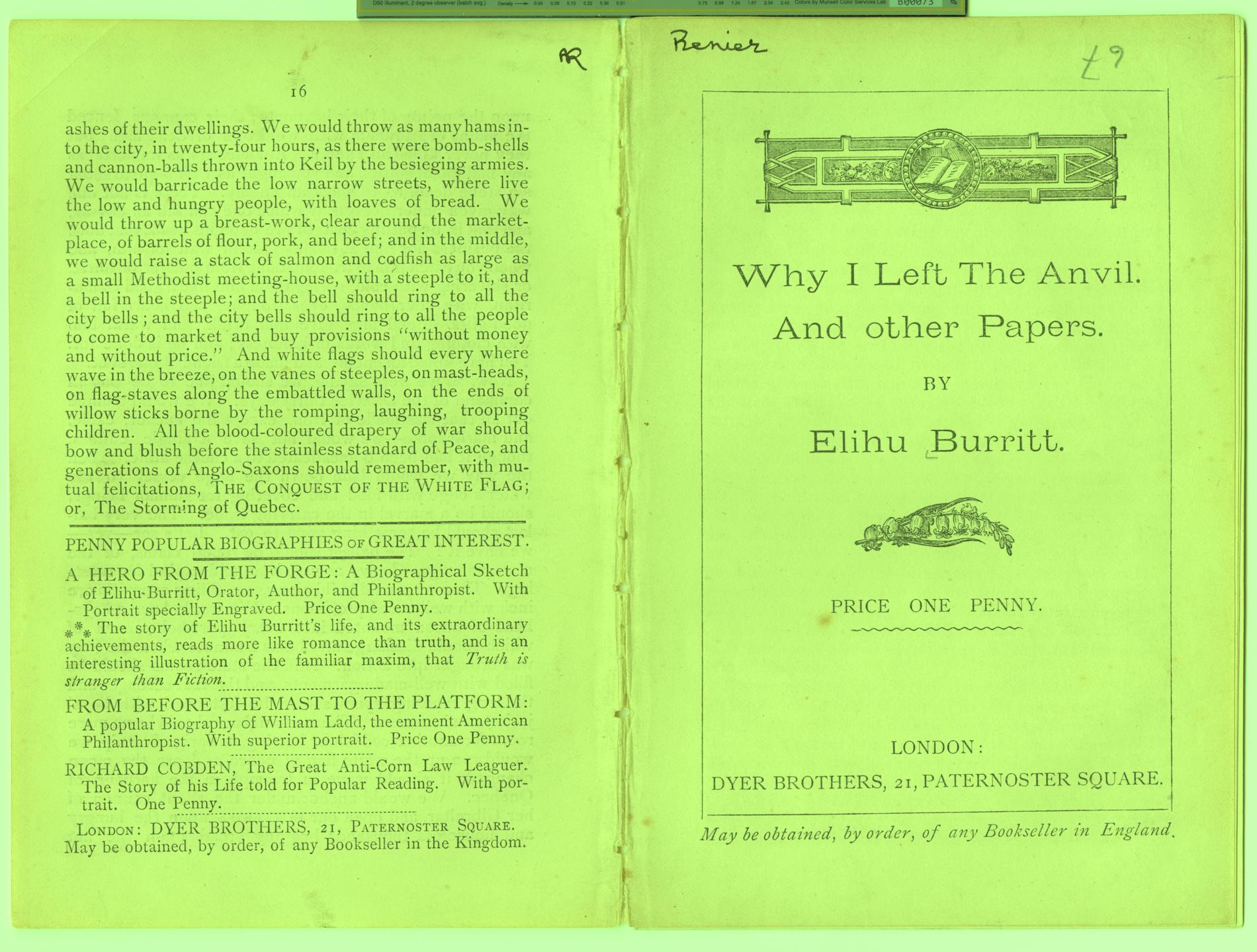 Summary: A collections of essays by Elihu Burritt addressing a range of social issues, including the publishing industry, governmental finance, war, and labor.