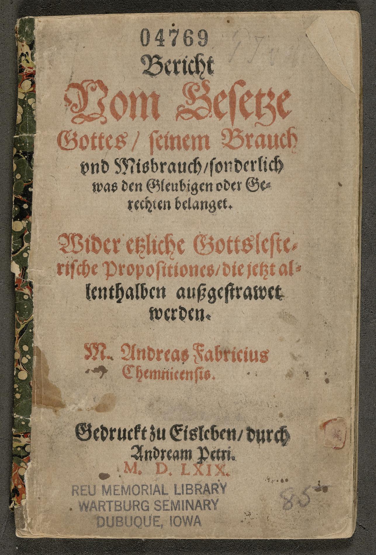 Summray: Andreas Fabricius was a Lutheran pastor and educator. This short tract is a discussion of biblical law and a defense of the doctrine of justification by faith.