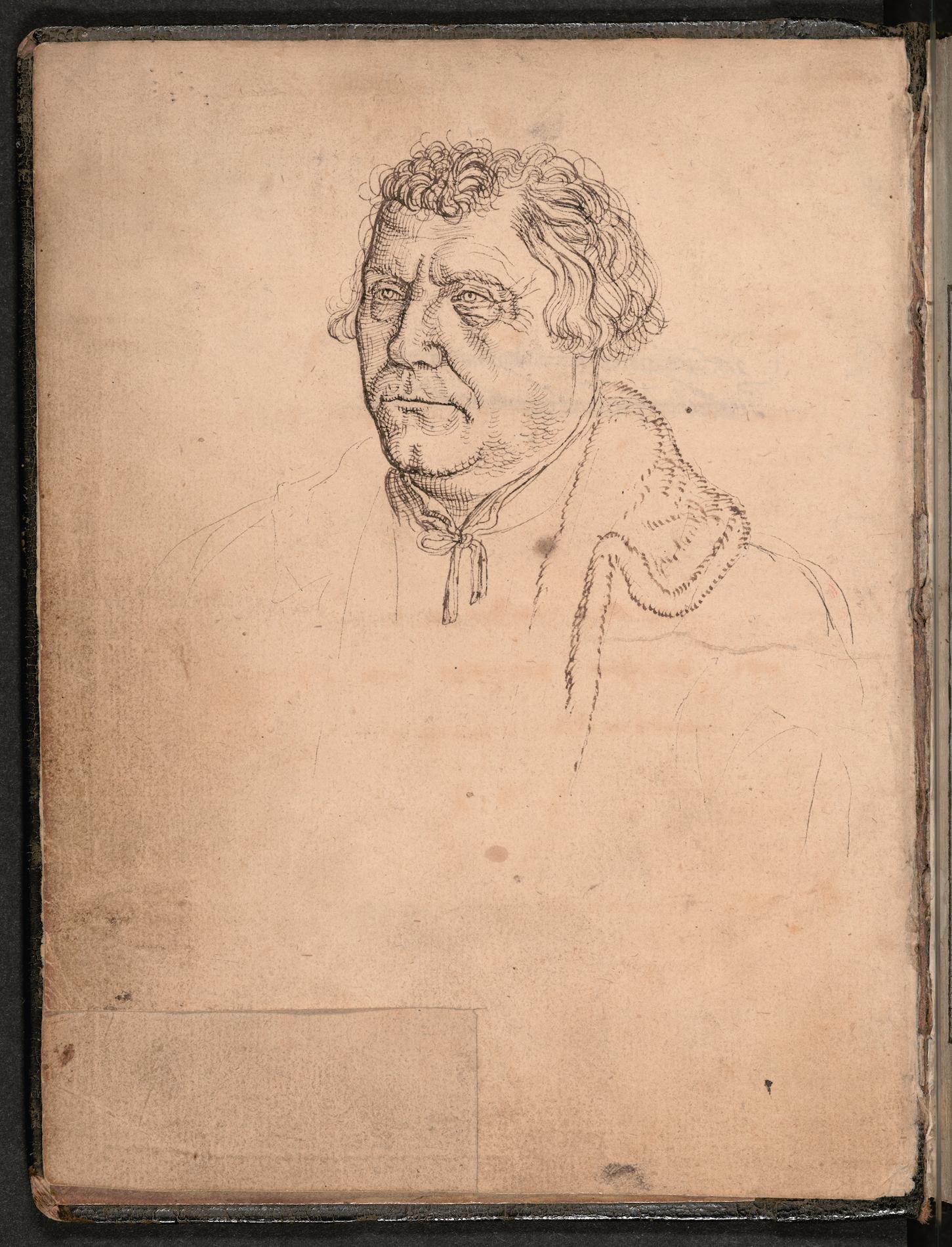 Sketch of Martin Luther, based on a 1546 woodcut portrait of Luther by Lucas Cranach.