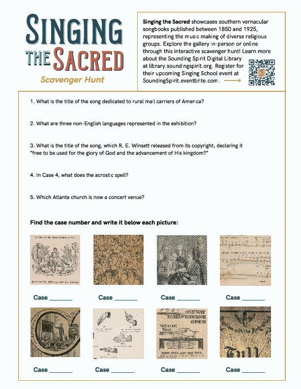 An activity guide designed to accompany the &quot;Singing the Sacred&quot; exhibition, including a scavenger hunt.