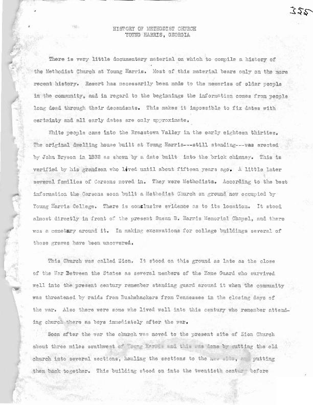 A brief history of the Young Harris Memorial Methodist Church including details of the founding, the progression of pastors, construction of a church building, a list of pastors, and a list of notable members.