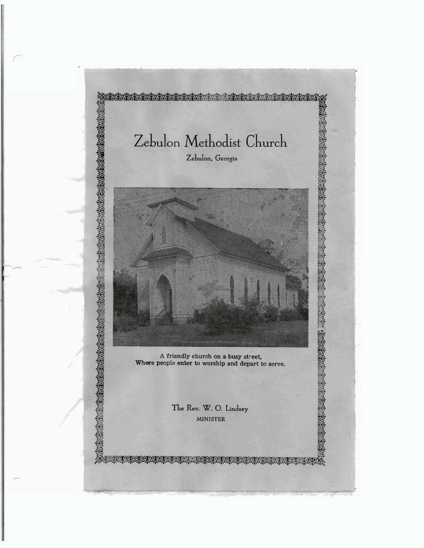 A history of the Zebulon Methodist Church including details of the founding, construction of a building, original trustees, early members, list of preachers, involvement in the Conference, composition of the Circuit, membership, the church schools, members who went into the clergy, presiding elders, pastor salaries, and an additional section on the Womens Missionary Society.