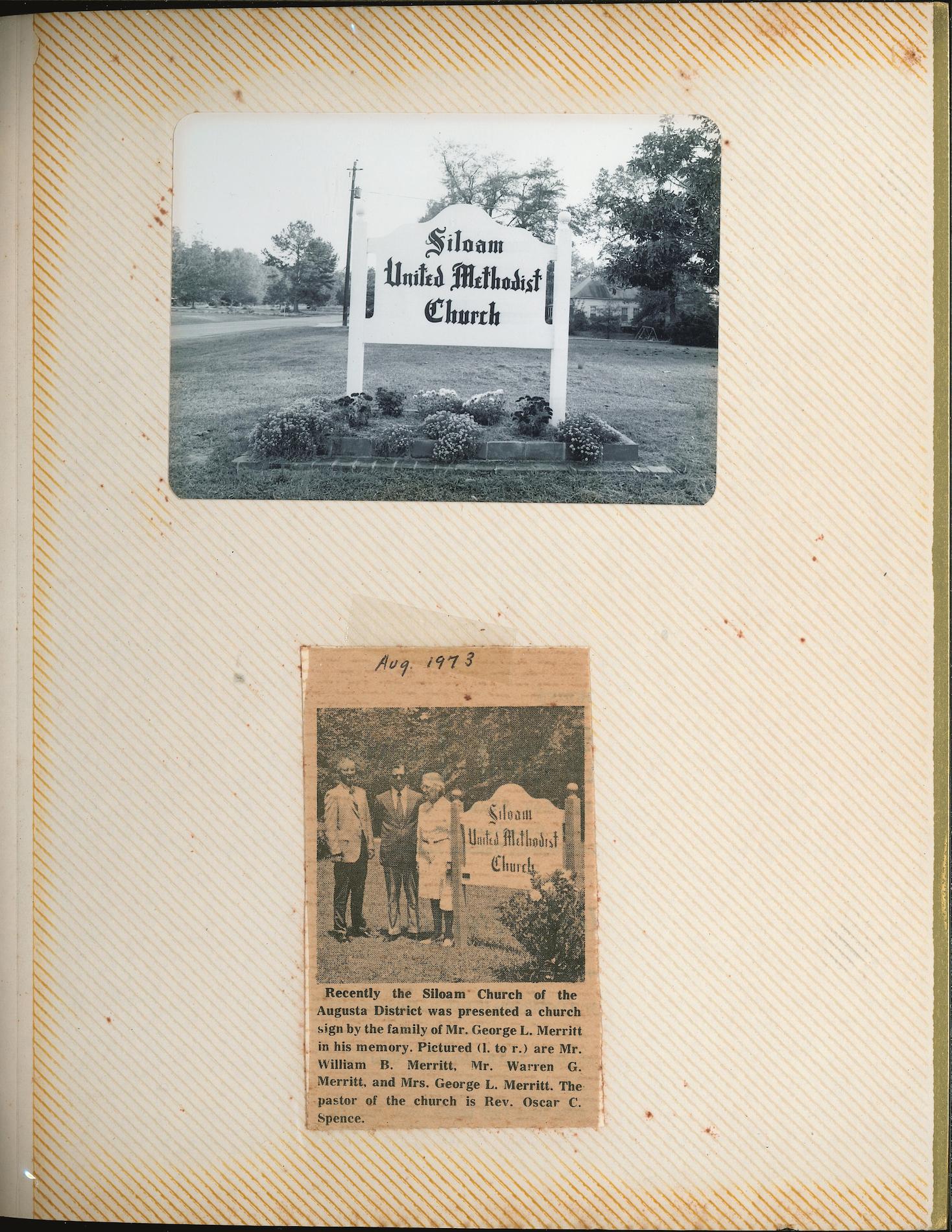 A scrapbook from the Siloam United Methodist Church including photographs of events, members, decorations, and the construction of Fellowship Hall. Also included are yearly activity reports from the early to mid 1980s and several brief church histories.