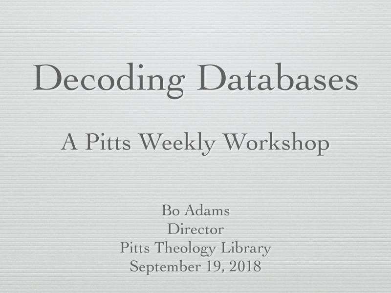 These slides give an overview of search stratagies and key discovery aspects of various databases and catalogs, including ATLA Religions database, Jstor, the ARDA, and more.