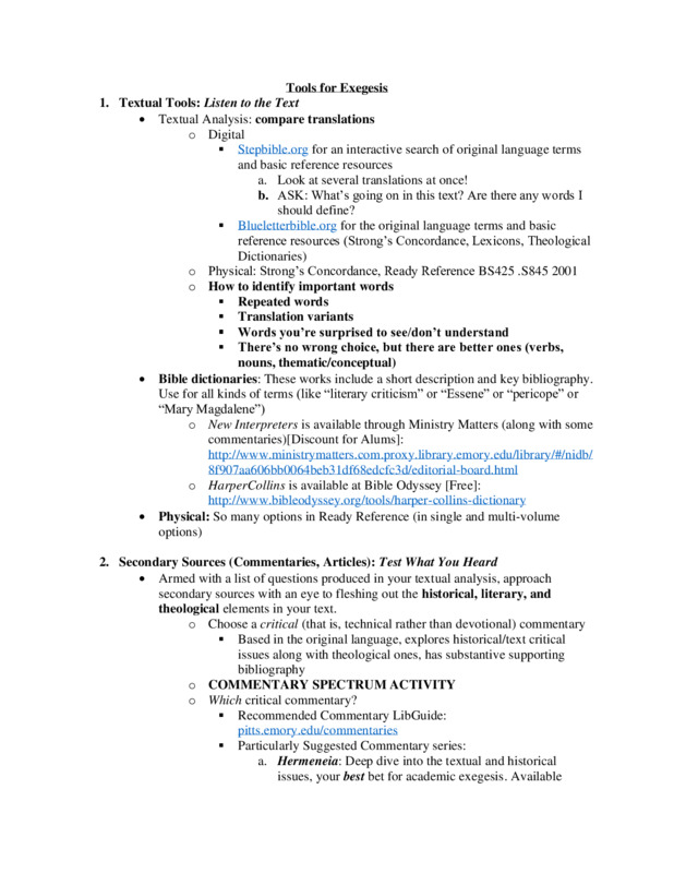 This handout guides students through the process of exegesis, including engaging with primary, secondary, and tertiary resources.