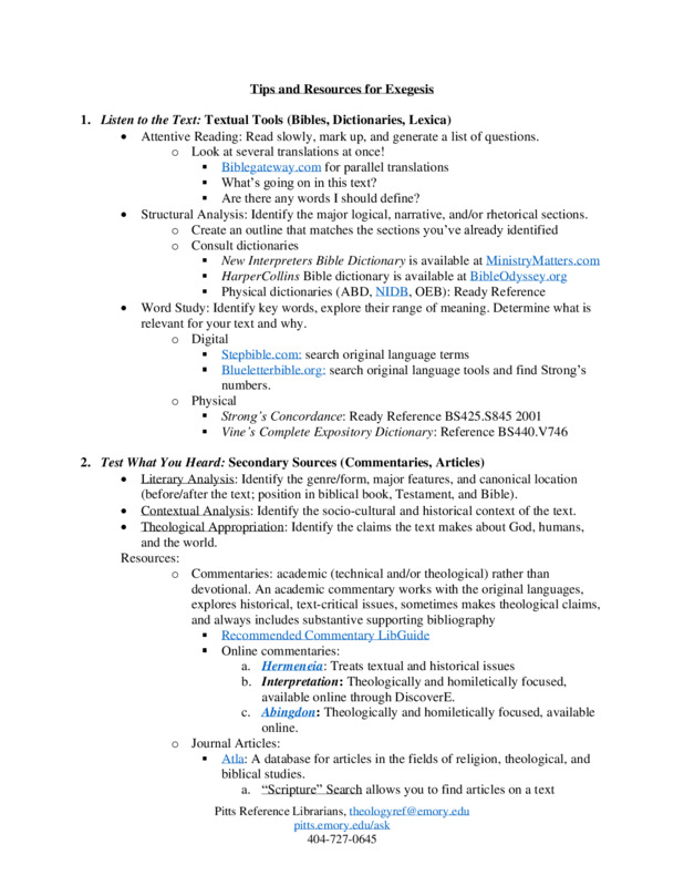 This handout guides students through the process of exegesis, including engaging with primary, secondary, and tertiary resources.