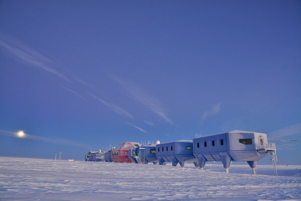 Britain’s Halley VI, designed by Broughton Architects, sits on hydraulic stilts and on skis.