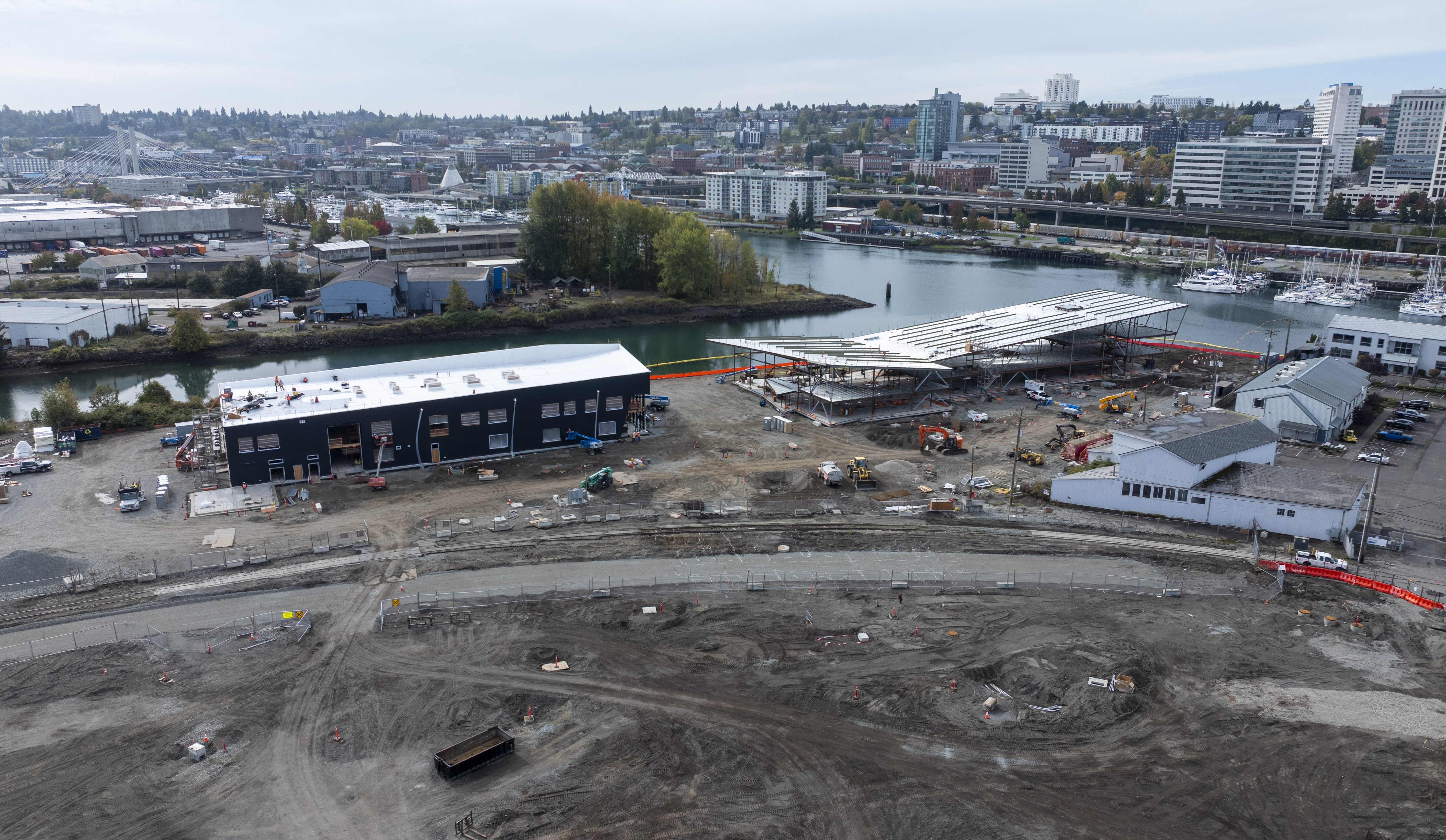 Aerial shot of buildings in a construction site.