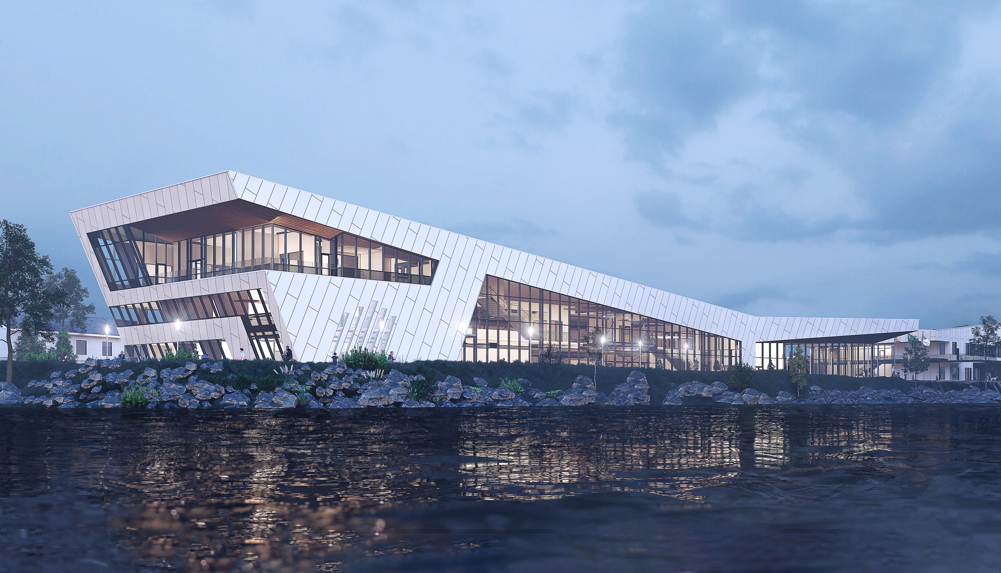 A rendering of the new Maritime Center at night