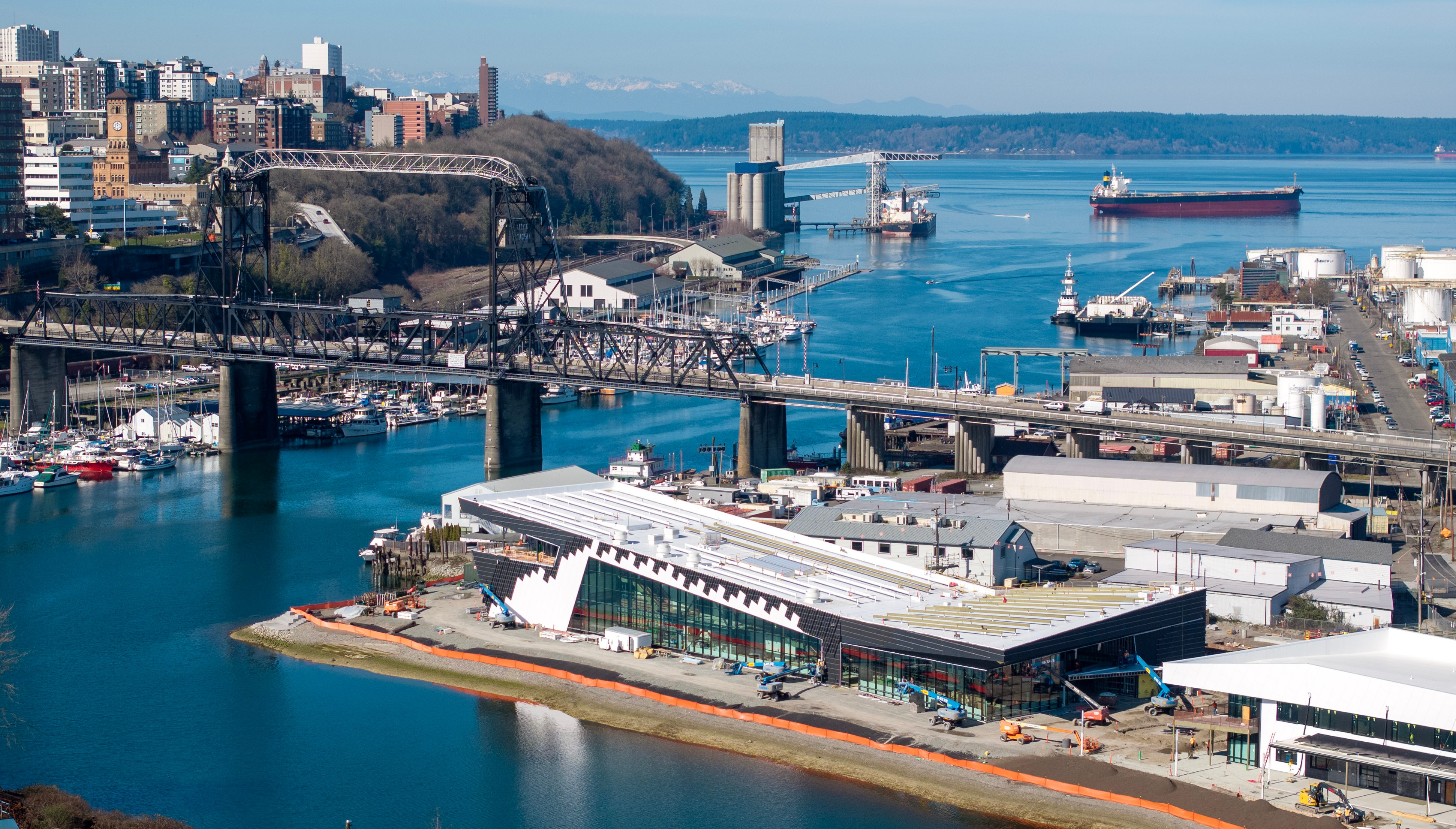 Aerial shot of the Maritime Center construction site and the 11th street bridge
