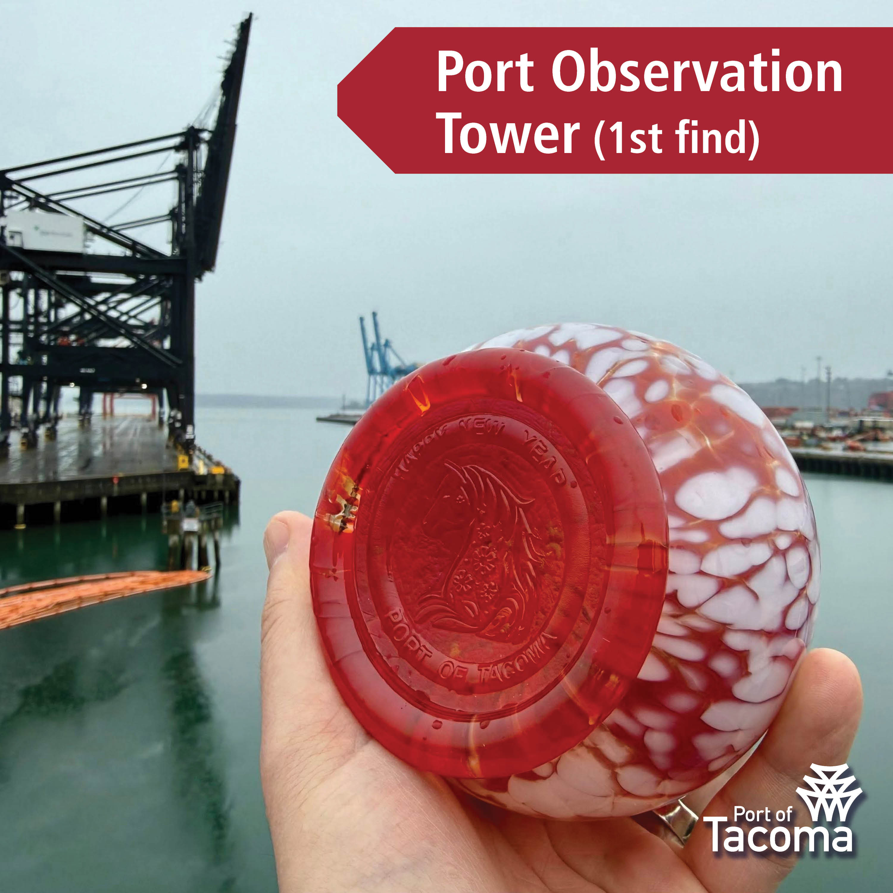 Up close shot of a red Monkeyshines token with the words "Port Observation Tower (1st find)" typed in the corner