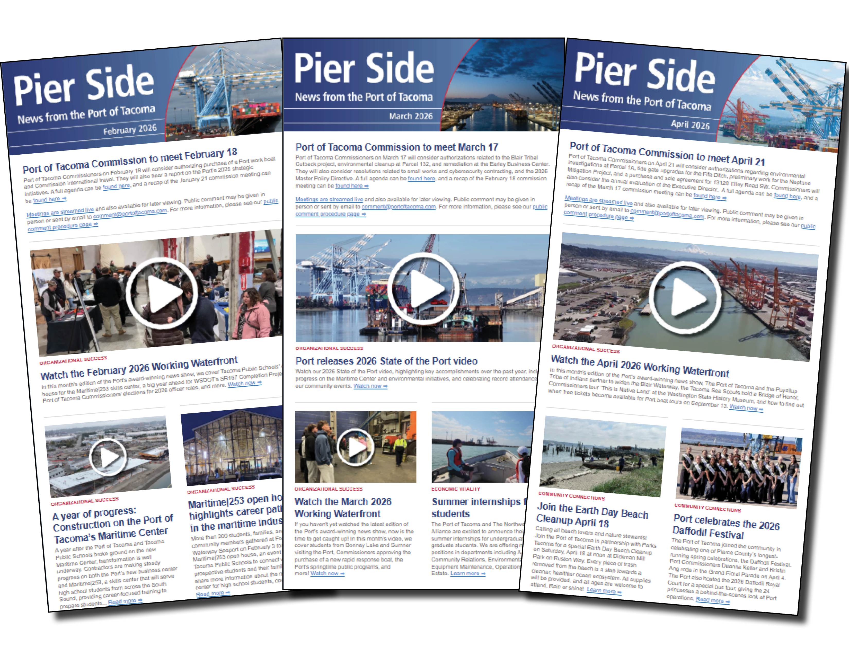 Screenshots of the Pier Side newsletter from February, March and April 2026.
