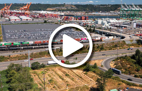 Aerial image overlooking a port terminal.