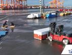 A red forklift moves a container through a port terminal.
