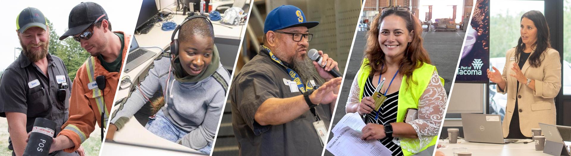 A photo collage of diverse people working in various environments.