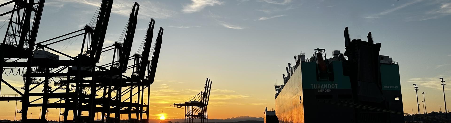 Port cranes and a container ship in front of a glowing sunset.