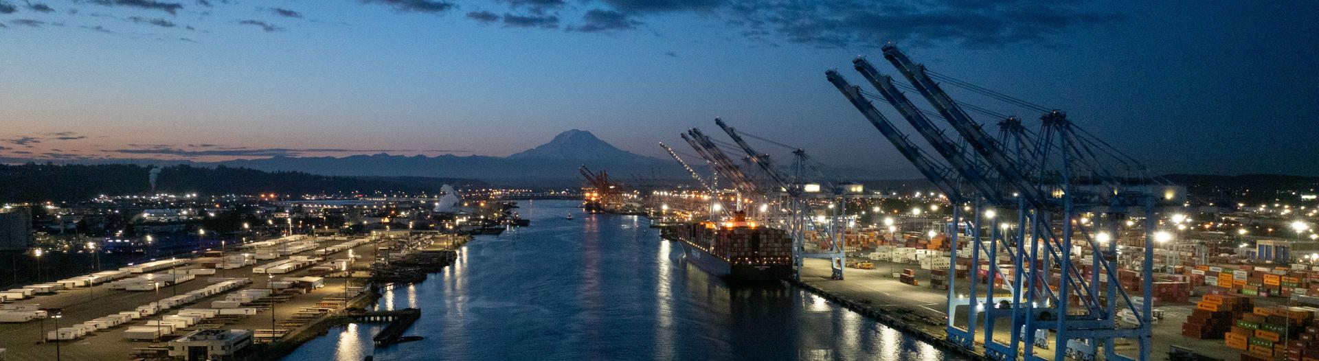Aerial view of a Port terminal at twilight.