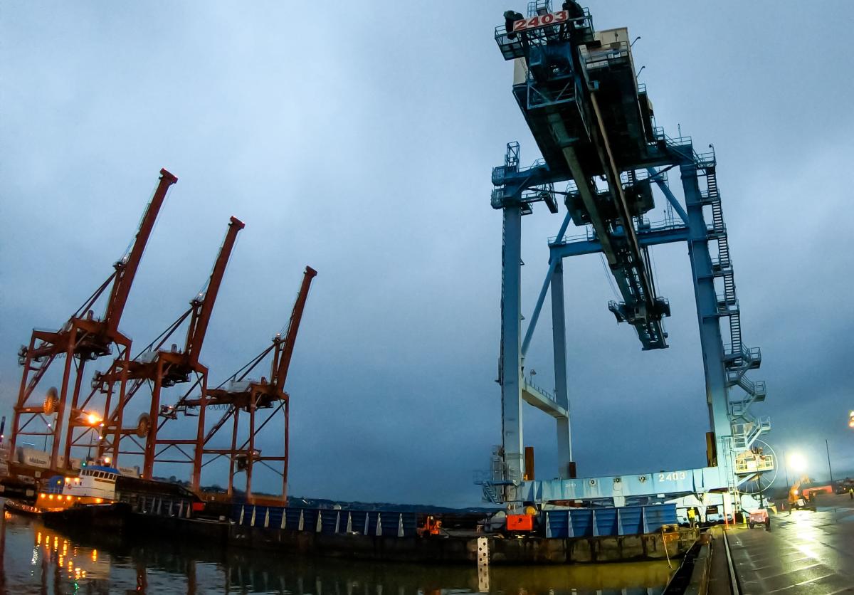 Four large cranes on a terminal on a cloudy afternoon.